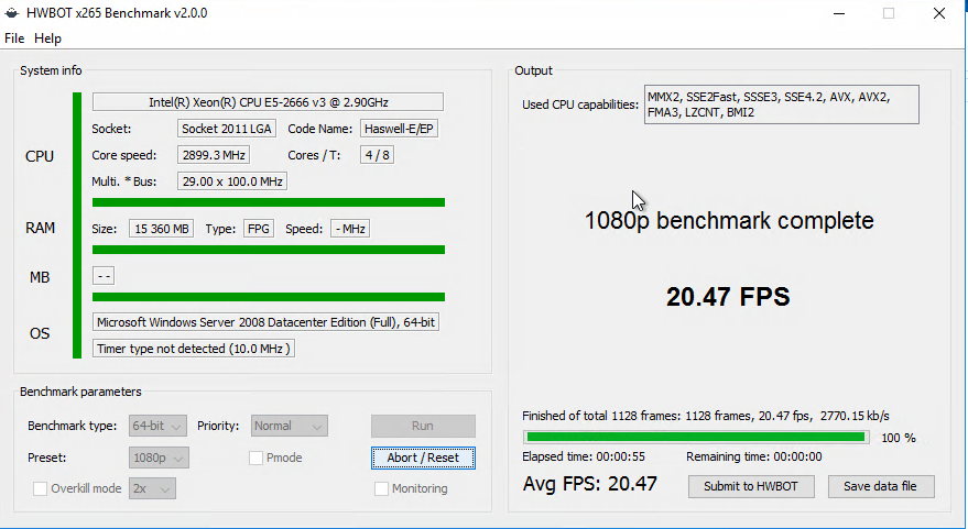 Тестирование AWS при помощи HWBOT x265 benchmark 1080p