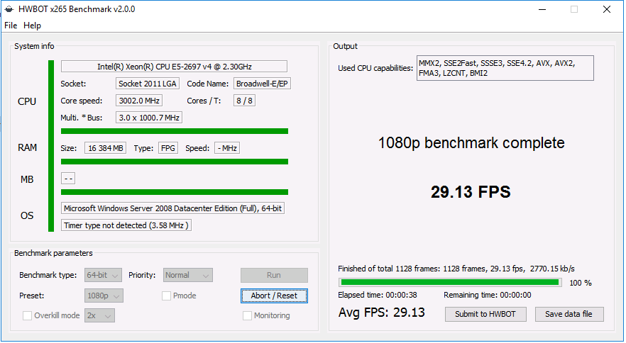 SIM-Cloud HWBOT x265 benchmark 1080p testing