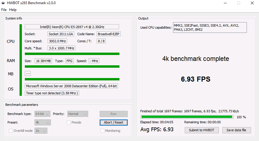 Тестирование SIM-Cloud при помощи HWBOT x265 benchmark 4K