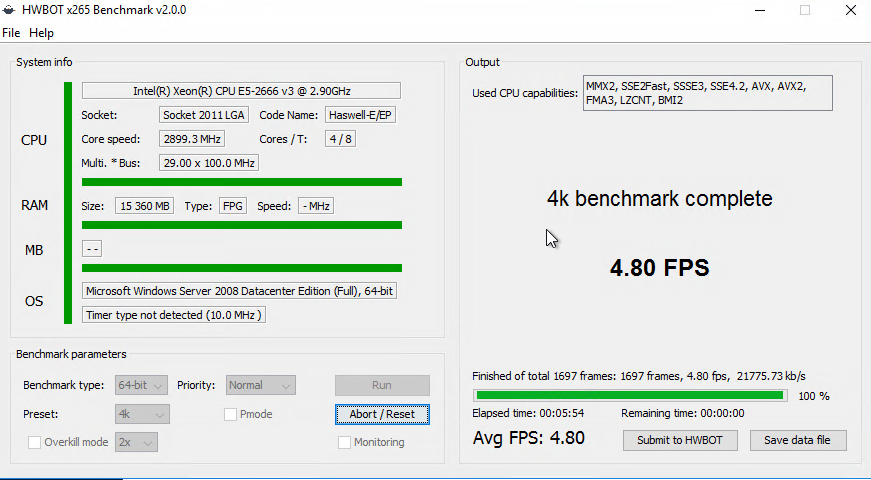 Тестирование AWS при помощи HWBOT x265 benchmark 4K