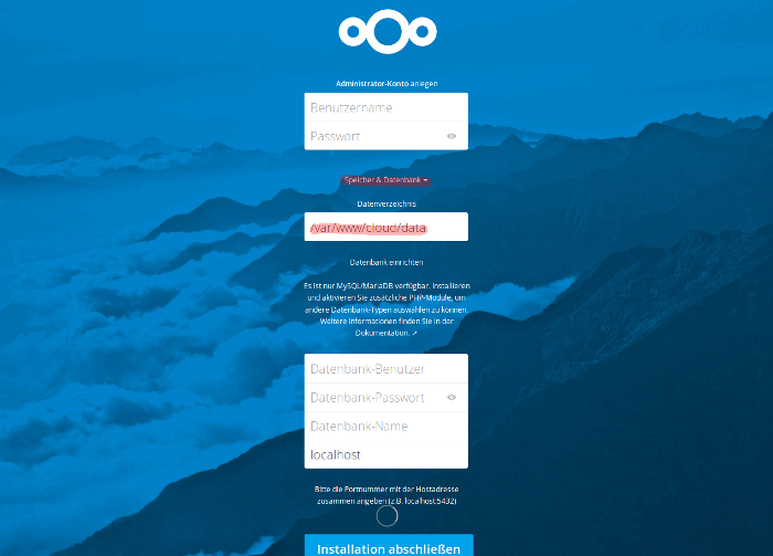 Скриншот - настройка Nextcloud через браузер